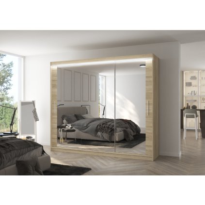 Šatní zrcadlová skříň posuvná s LED osvětlením CHESTER S 250 L, dub sonoma