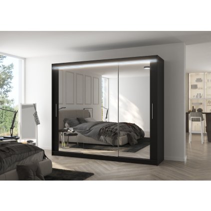 Šatní zrcadlová skříň posuvná s LED osvětlením CHESTER B 250 L, černá