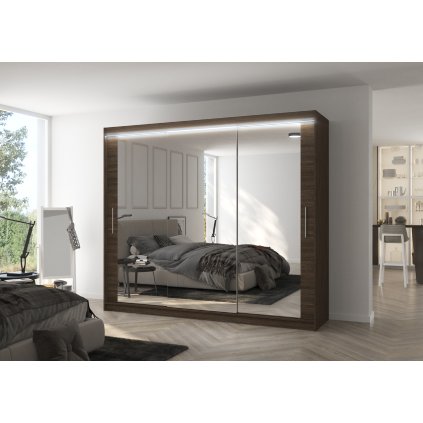 Šatní zrcadlová skříň posuvná s LED osvětlením CHESTER CH 250 L, choco