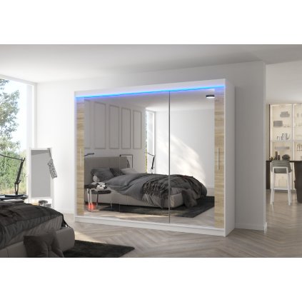 Šatní zrcadlová skříň posuvná s LED osvětlením CHESTER W-S 250 L, dub sonoma/bílá