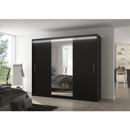 Šatní zrcadlová skříň posuvná s LED osvětlením DENIS B 250 L, černá
