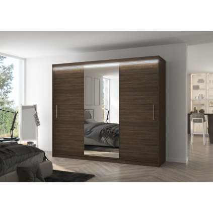 Šatní zrcadlová skříň posuvná s LED osvětlením DENIS CH 250 L, choco