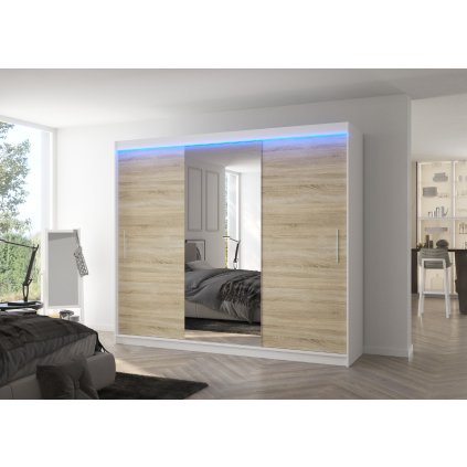 Šatní zrcadlová skříň posuvná s LED osvětlením DENIS W-S 250 L, dub sonoma/bílá