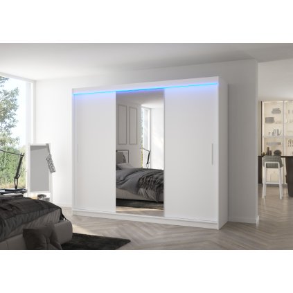 Šatní zrcadlová skříň posuvná s LED osvětlením DENIS W 250 L, bílá