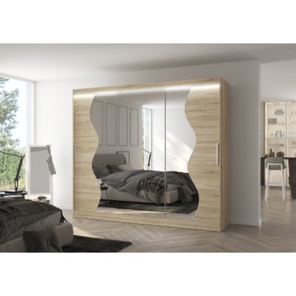 Šatní zrcadlová skříň posuvná s LED osvětlením SHARON S 250 L, dub sonoma