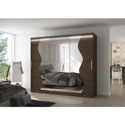 Šatní zrcadlová skříň posuvná s LED osvětlením SHARON CH 250 L, choco