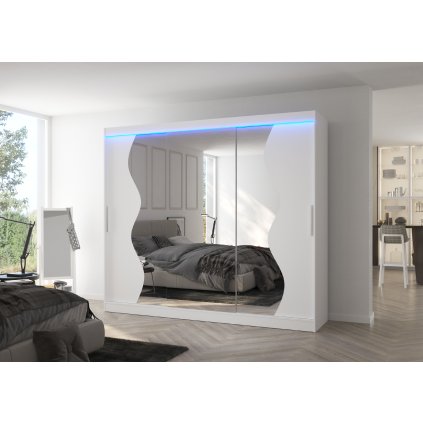 Šatní zrcadlová skříň posuvná s LED osvětlením SHARON W 250 L, bílá