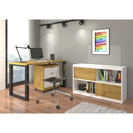 PC stůl s kontejnerem MARO I B-ART, dub artisan/bílá/černá