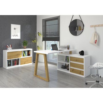 Rohový PC stůl IWO II W-ART, bílá/dub artisan