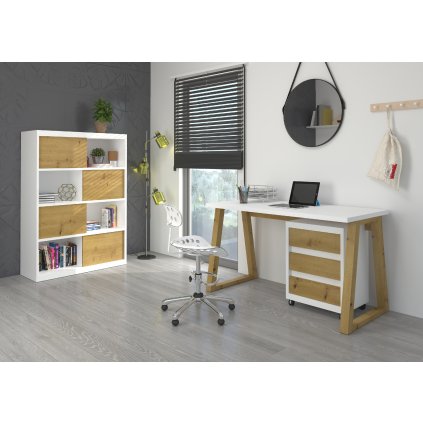PC stůl s kontejnerem IWO I W-ART, bílá/dub artisan