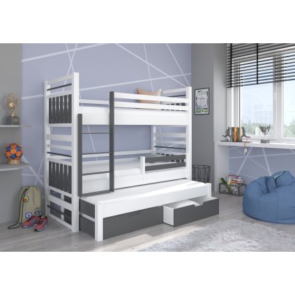 Rozkládací patrová postel HIPPO, CH-Hip-W+G-208+M-E1901, 200x90 cm s matrací, bílá/tmavě šedá