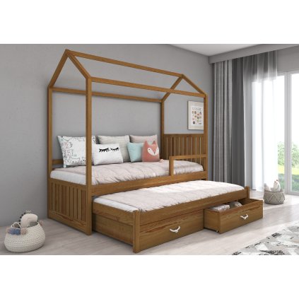 Rozkládací postel JONASZEK, CH-Jon-OAK-208+M-E241, 200x90 cm se zábradlím a matrací, tmavý dub