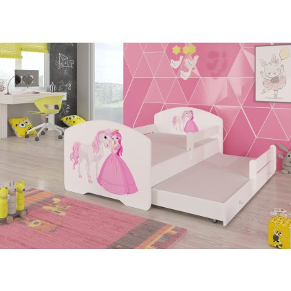 Rozkládací postel PEPE II PRINCESS AND HORSE, CH-Pep-II-Barr-Princ-Hor-E966, 160x80 cm se zábradlím a matrací, bílá/grafika