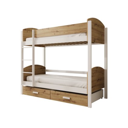 Patrová postel JORI, CH-JOR-W-A-200-M, 200x90 cm s matrací, bílá/dub artisan
