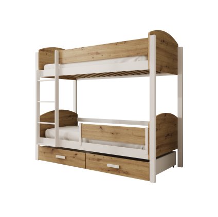 Patrová postel JORI, CH-JOR-WA-200-BAR-M, 200x90 cm se zábradlím a matrací, bílá/dub artisan