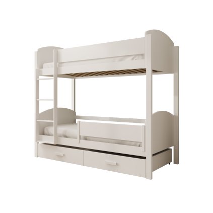 Patrová postel JORI, CH-JOR-W-200-BAR-M, 200x90 cm se zábradlím a matrací, bílá