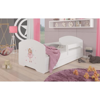 Postel PEPE GIRL WITH WINGS, CH-Pep-Bar-Gir-Wing-160-n-E685, 160x80 cm se zásuvkou, zábradlím a matrací, bílá/grafika