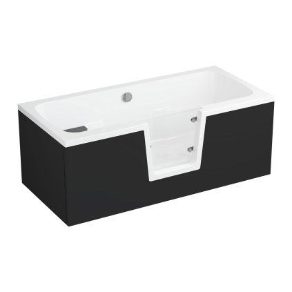 Vana s dvířky Polimat OVI 160x75 PRAVÁ s černým čelním krycím panelem + vanový sifon automat s přepadem VABPS-ZU 70