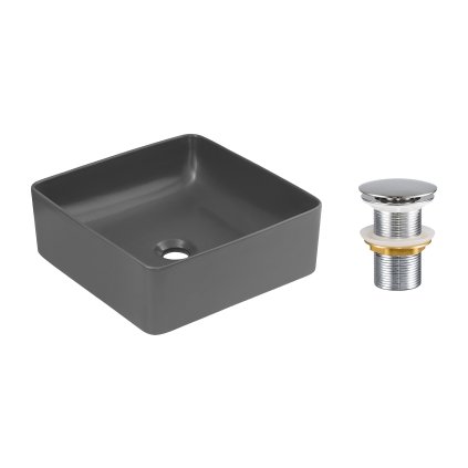 Keramické umyvadlo na desku Slim 37x37 šedé + výpusť Click-Clack, chrom