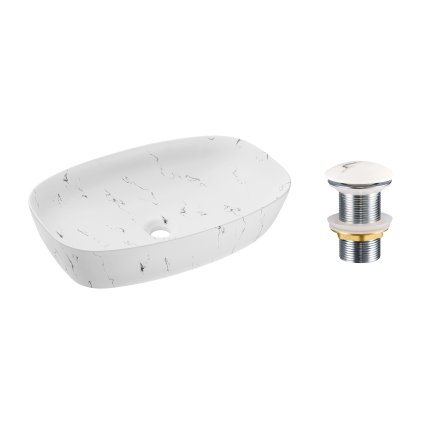 Keramické umyvadlo na desku Megi 60x38 bílý mramor + výpusť Click-Clack bílý mramor