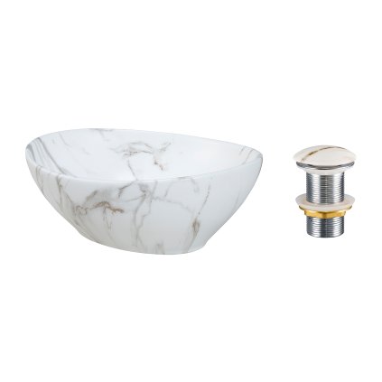 Keramické umyvadlo na desku Pati 40x33 bílý mramor + výpusť Click-Clack bílý mramor