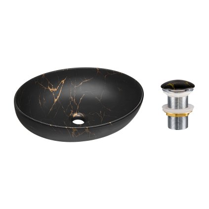 Keramické umyvadlo na desku Mona 52x39,5 mramor + výpusť Click-Clack černý/zlatý mramor