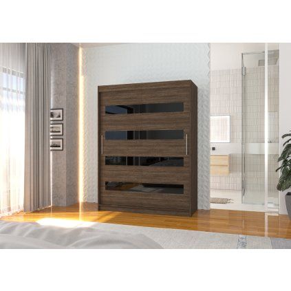 Šatní skříň posuvná MARTINEZ CH-BL 150, choco/černý Lacobel