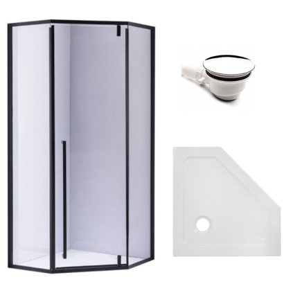 Pětiúhelníkový sprchový kout HYD-PK07B 90x90 cm černá/transparent + vanička HYD-PSV-ST07B bílá