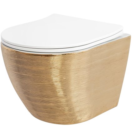 Závěsná WC mísa se SoftClose sedátkem REA CARLO FLAT, bílá/zlatá kartáčovaná