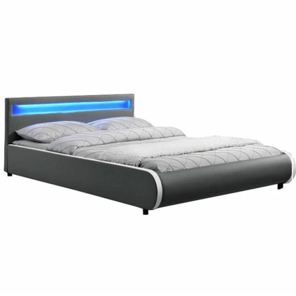 Manželská postel s RGB LED osvětlení,, šedá ekokůže, 160x200, DULCEA