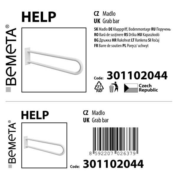 Bemeta Design HELP: Madlo, 850 mm, ve tvaru U, bez krytky, bílá - 301102044