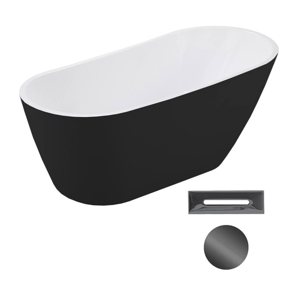 Levně Besco Akrylátová volně stojící vana Melody BW 150x80 (170x80) Barva: Bílá/černá, Rozměry (cm): 150x80, Typ a barva výpustě: Click-Clack s přepadem, grafit