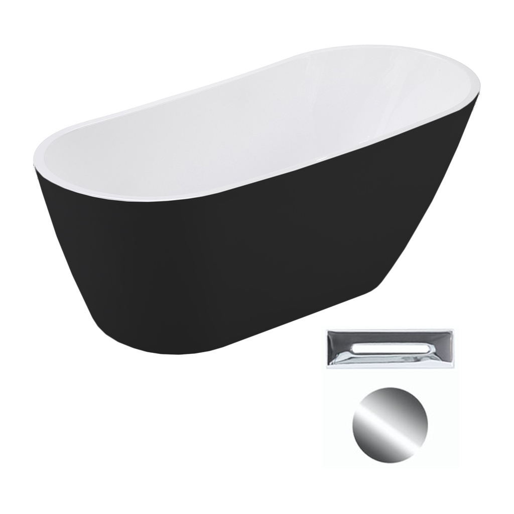 Levně Besco Akrylátová volně stojící vana Melody BW Matt 150x80 (170x80) Barva: Bílá/černá, Rozměry (cm): 150x80, Typ a barva výpustě: Click-Clack s přepadem, chrom