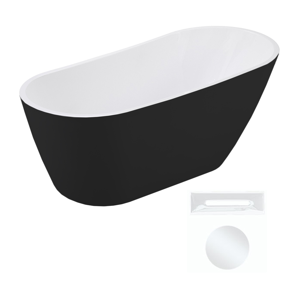 Levně Besco Akrylátová volně stojící vana Melody BW Matt 150x80 (170x80) Barva: Bílá/černá, Rozměry (cm): 150x80, Typ a barva výpustě: Click-Clack s přepadem, bílá