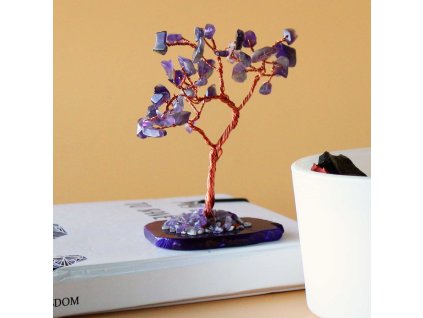 Stromek s Drahými Kameny - Ametyst - Podstavec z Naturálního Achátu (35 kamenů)
