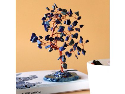 Velký Stromek s Drahými Kameny - Sodalit - Podstavec z Modrého Achátu (100 kamenů)