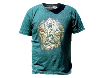 Extra Velké Stone Washed Tričko - Hamsa - Zelené