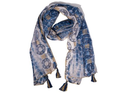 Nomad Sari  - Letní Šátek -  180x50cm - Marbella Potisk - Modrá se Zlatým Lemováním