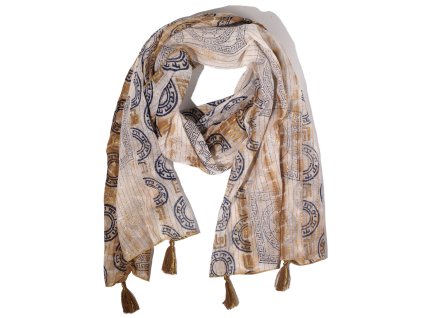 Nomad Sari  - Letní Šátek -  180x50cm - Marbella Potisk - Kávová se Zlatým Lemováním