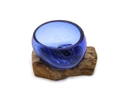 Tavené Sklo na Dřevě - Mini Modrá Miska
