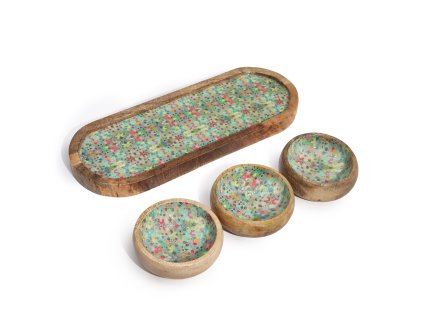 Podnos a 3 Misky z Mangového Dřeva - Vzor Středomořské Dlaždice