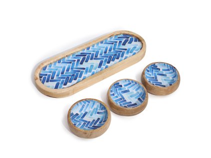 Podnos a 3 Misky z Mangového Dřeva - Modré Pásy