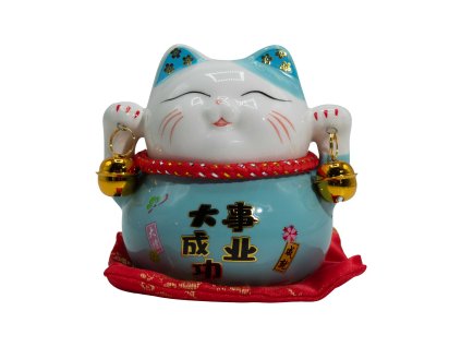 Keramická Čínská Mávající Kočka - Prasátko - Modrá Na Polštářku