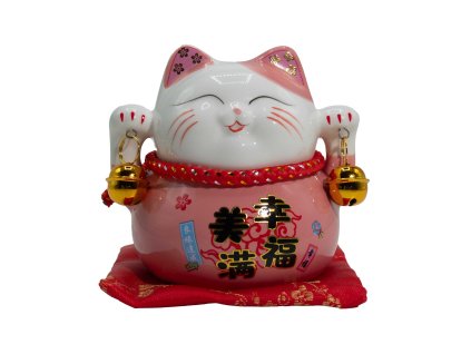 Keramická Čínská Mávající Kočka - Prasátko - Růžová Na Polštářku