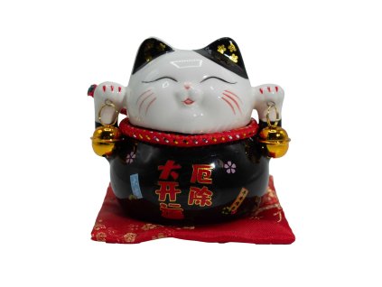 Keramická Čínská Mávající Kočka - Prasátko - Černá Na Polštářku