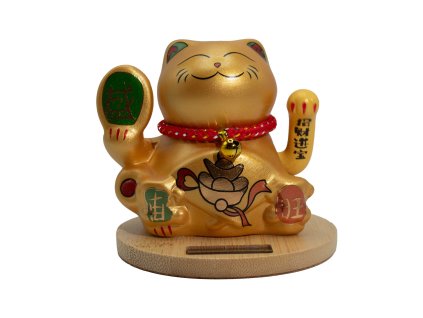 Solární Čínská Mávající Kočka s Dřevěným Podstavcem - Zlatá s Mávající Rukou