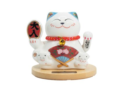 Solární Čínská Mávající Kočka s Dřevěným Podstavcem - Modrá s Mávající Rukou