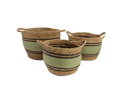 Velké Košíky z Bavlny a Mořské Trávy - Přírodní Černá a Zelená - Sada 3 Kusů