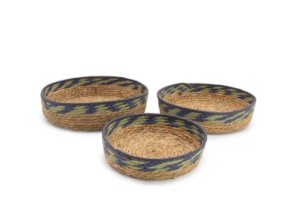 Košíky ze Slámy a Mořské Trávy - Přírodní Zelená a Modrá - Sada 3 Kusů