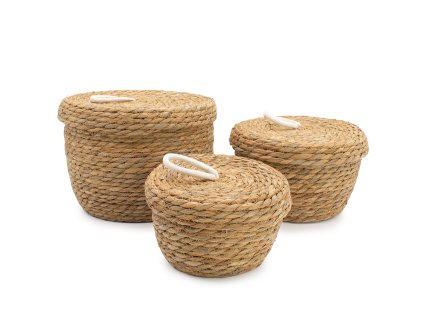 Okrouhlé Košíky z Mořské Trávy a Bavlny s Uzávěry - Přírodní - Sada 3 Kusů